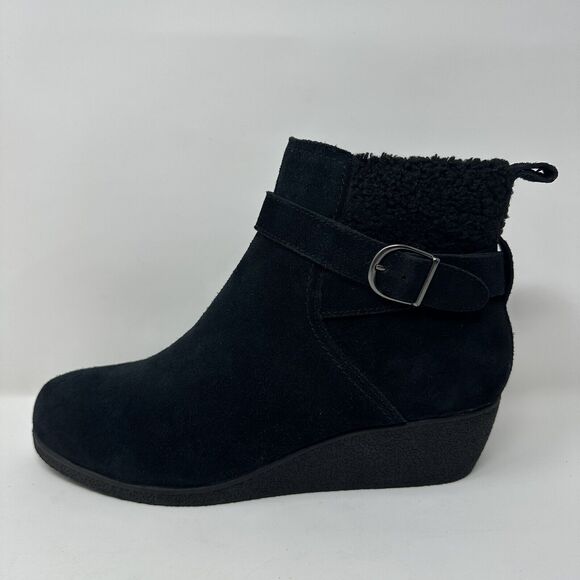 Lands End Womens Black Suede Booties 10W Fleece Lined Ankle Boots Side Buckle - Picture 9 of 13